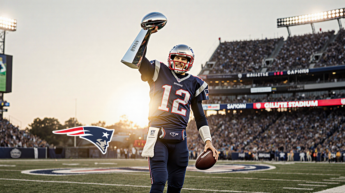 Tom Brady stands atop Gillette Stadium with Super Bowl trophy and football and Patriots logo and sunset glow behind him