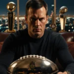 Tom Brady sits on couch with football trophies and championship rings glowing behind him