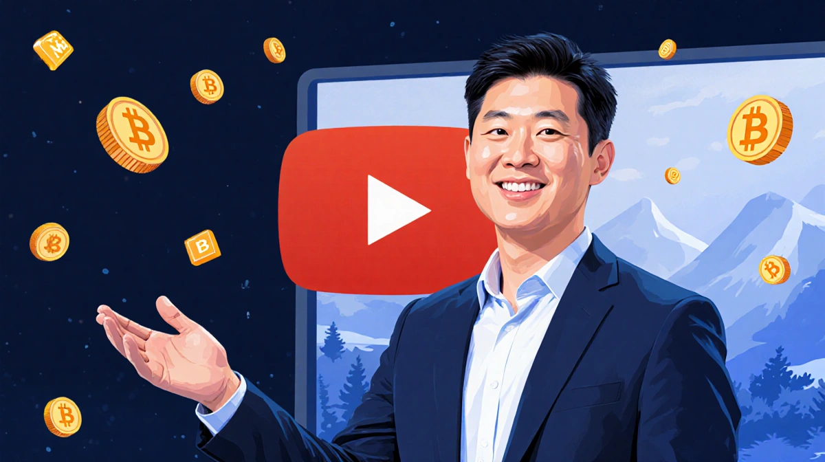 Tom Lee shaking hands with MrBeast logo on screen with blockchain background and digital coins surrounding him