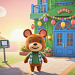 Tom Nook standing proudly in front of the resort hotel with a sunset glow over the island
