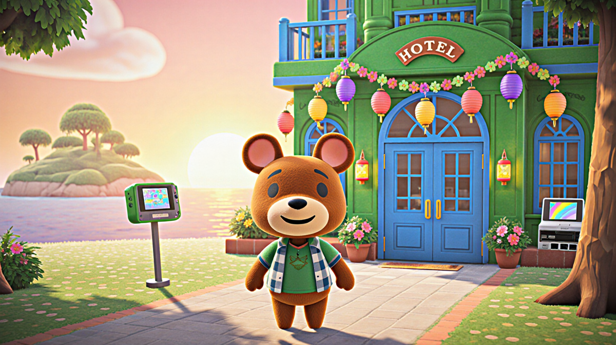 Tom Nook standing proudly in front of the resort hotel with a sunset glow over the island