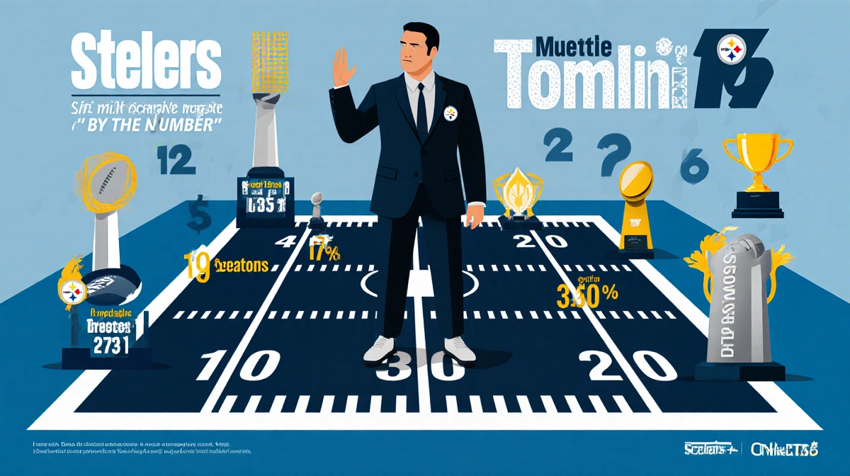 Mike Tomlin infographic shows 19 seasons with Steelers trophies and milestones on dark blue football field