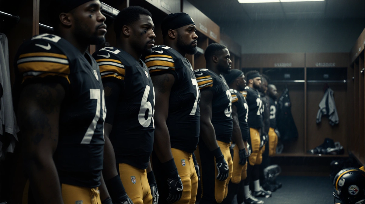 Mike Tomlin standing with Steelers players in dim locker room showing solemn faces and football gear