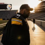 Mike Tomlin walks away from Heinz Field with Steelers uniform over shoulder and golden sunset behind