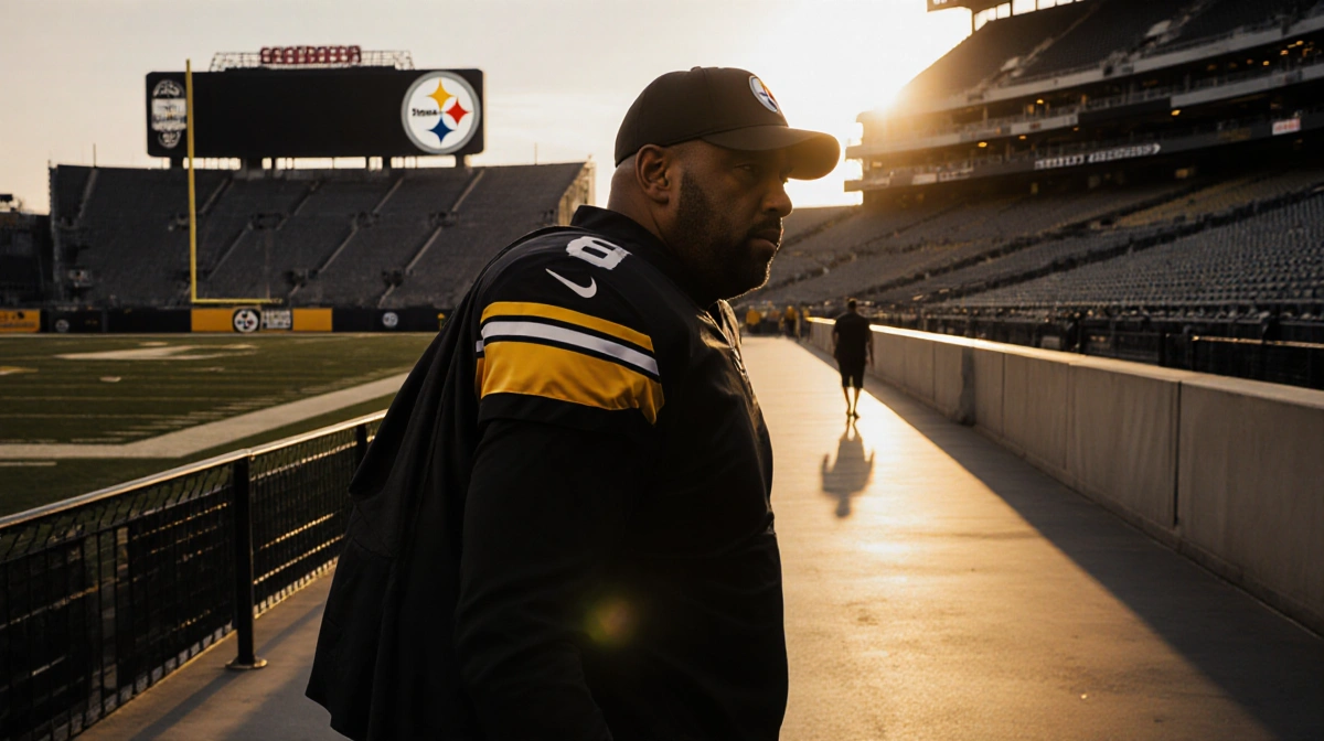 Mike Tomlin walks away from Heinz Field with Steelers uniform over shoulder and golden sunset behind