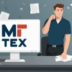 Tommy stands at modern desk with computer showing M-Tex logo and scattered papers suggesting job dissatisfaction
