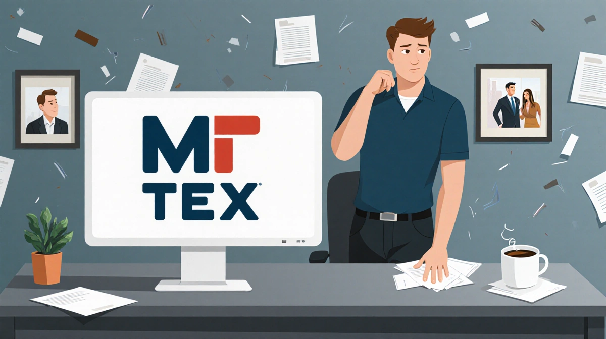 Tommy stands at modern desk with computer showing M-Tex logo and scattered papers suggesting job dissatisfaction