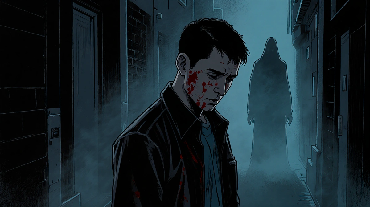 Tommy Egan stands in alley with ghostly figure behind him and bloodstains on clothes