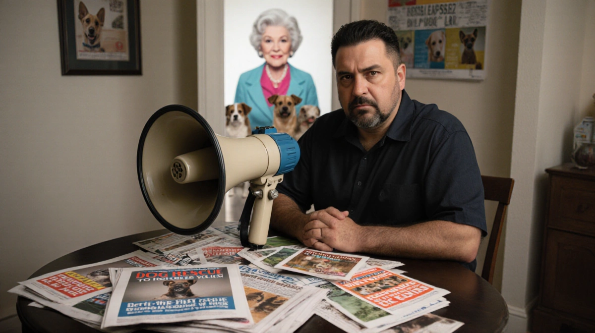 Tommy Habeeb sits with megaphone and dog rescue flyers with Betty White visible behind