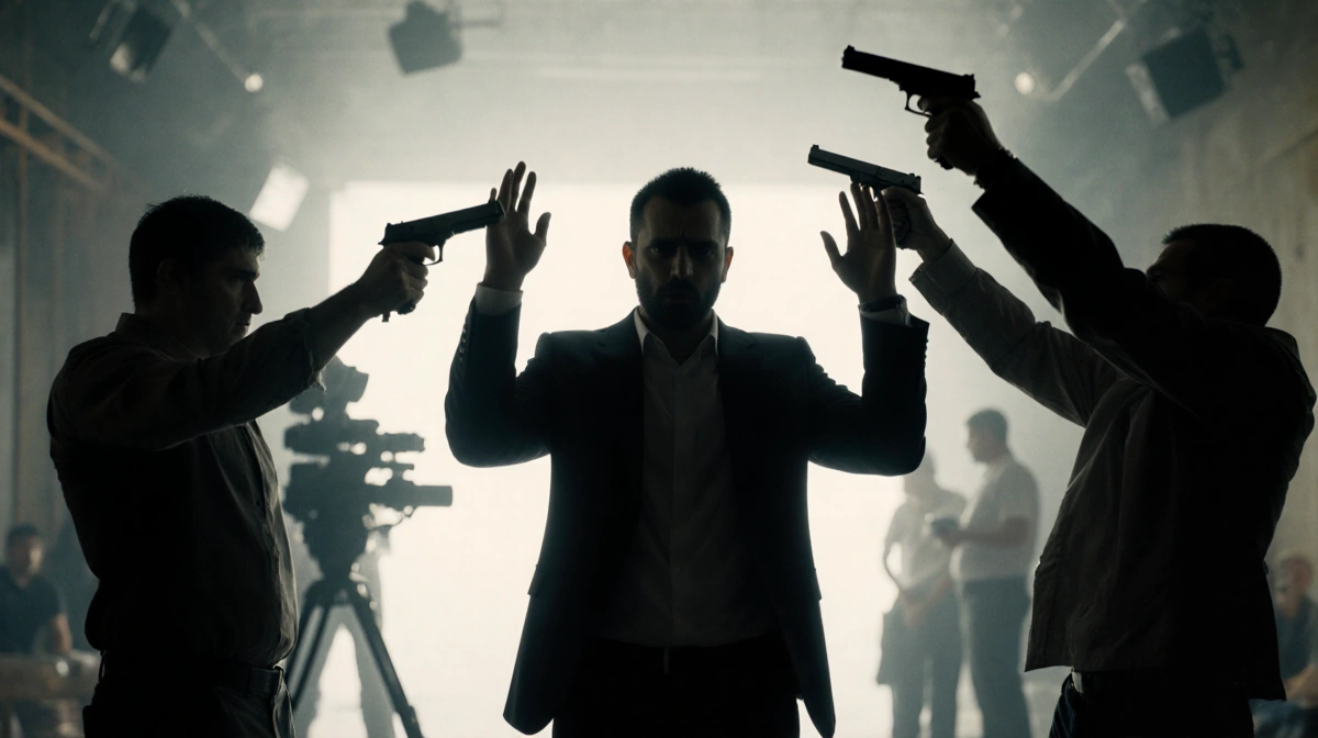 Tommy Habeeb raises his hands with armed attackers confronting him and film crew visible in background