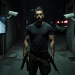 Tommy Habeeb stands ready with hands on holstered firearms and surveillance screens showing his image in the alley