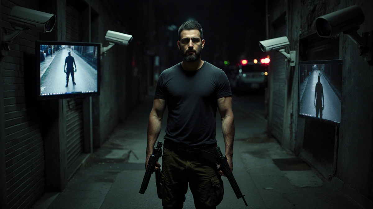 Tommy Habeeb stands ready with hands on holstered firearms and surveillance screens showing his image in the alley