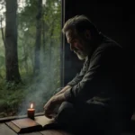 Tommy Lee Jones sits alone in dim cabin with flickering candle and forest visible through window