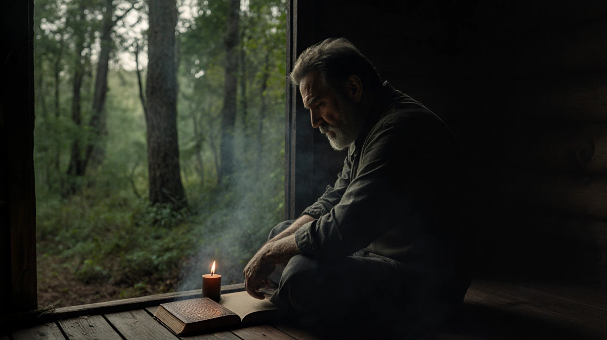 Tommy Lee Jones sits alone in dim cabin with flickering candle and forest visible through window