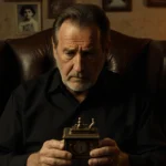 Tommy Lee Jones gazes at antique music box with faded photos of daughter Victoria nearby showing paternal love