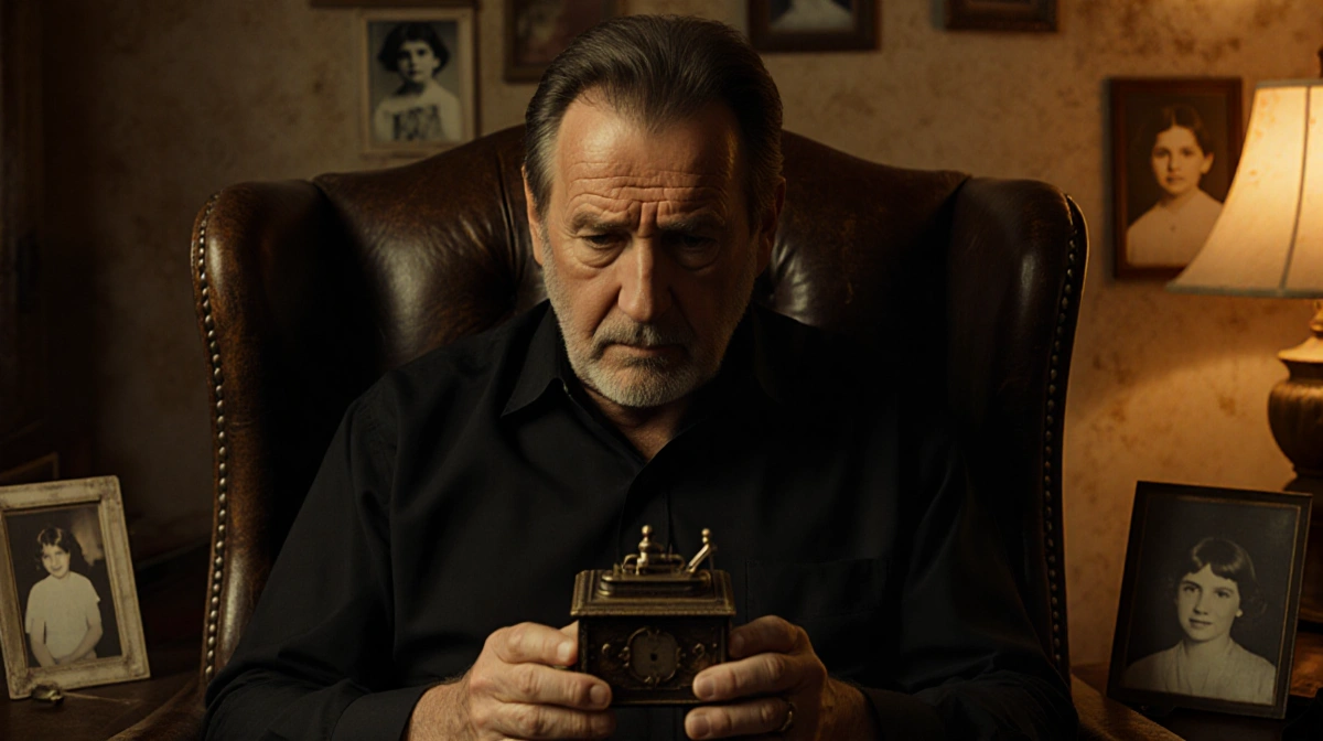 Tommy Lee Jones gazes at antique music box with faded photos of daughter Victoria nearby showing paternal love