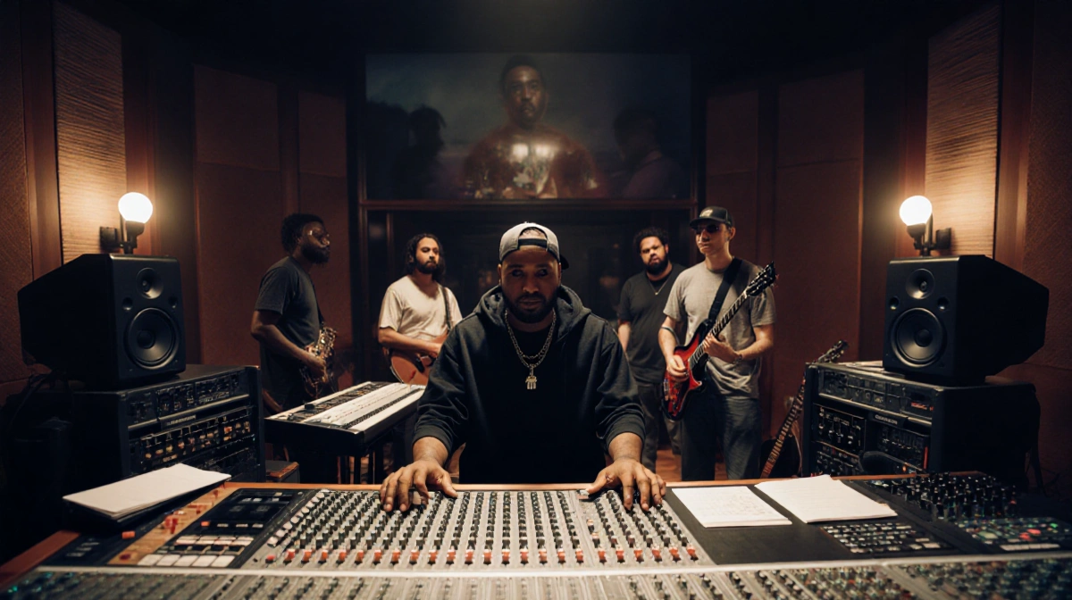 Tone Def mixing music at recording studio console with band members collaborating and warm lighting