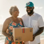 Toni holds a postal package with Antonio cheering beside her on Miami beach at sunset with ocean waves behind