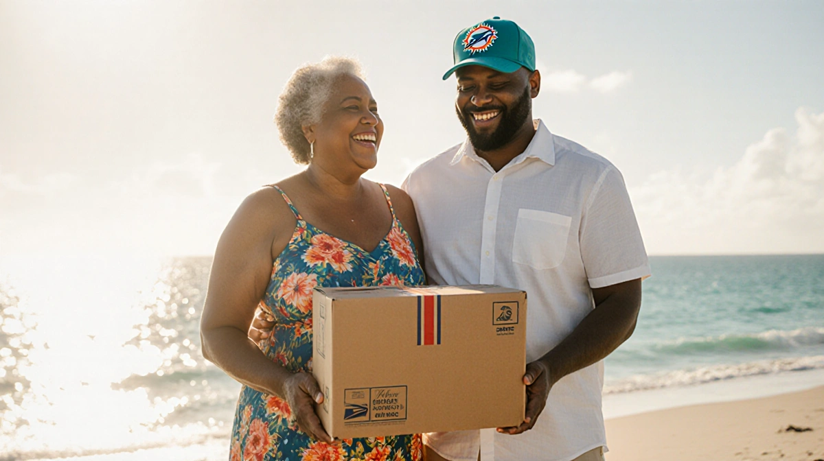 Toni holds a postal package with Antonio cheering beside her on Miami beach at sunset with ocean waves behind