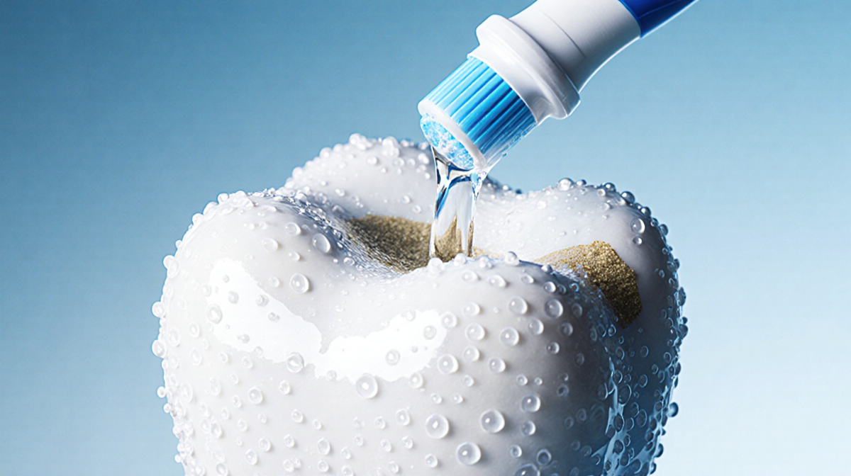 Tooth surface showing golden fluoride residue as water droplet washes away with blue-white gradient background
