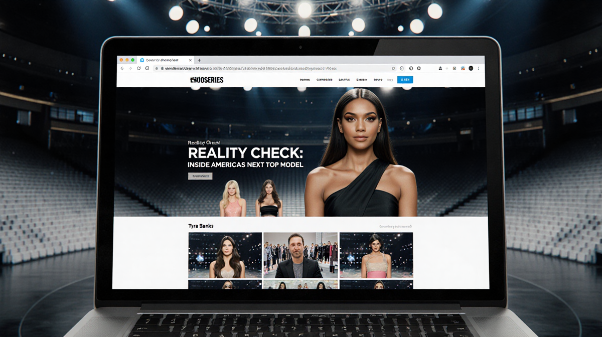 Laptop screen shows montage of interviews with Tyra Banks and contestants with blurred TV studio in dark blues and grays