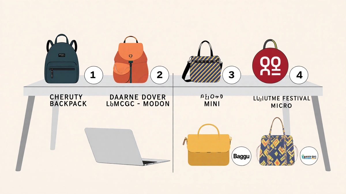 Minimalist desk holds laptop and travel purse comparison table with top five ranked bags arranged symmetrically showing color