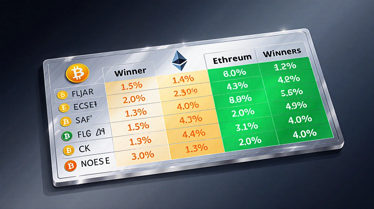 Modern crypto leaderboard table showing ICP and ETH as top weekly winners with metallic finish and bright color highlights