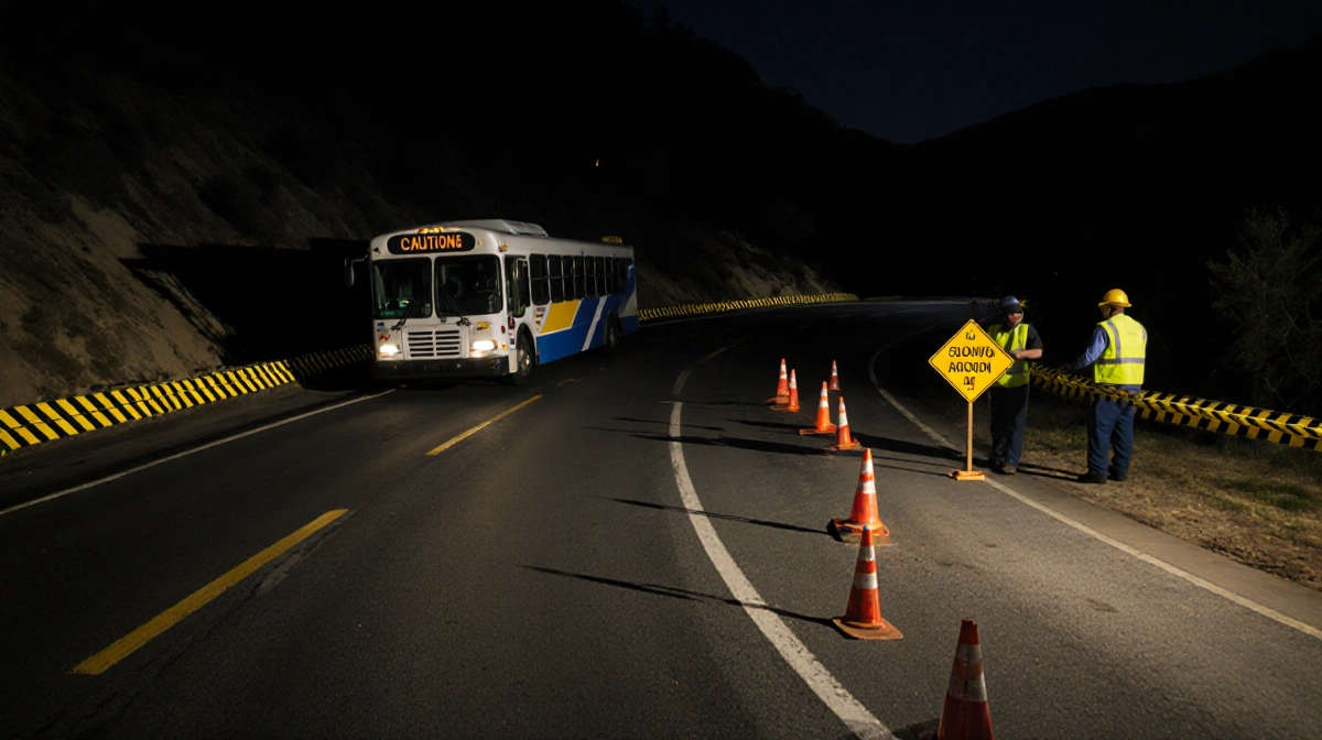 Worker holding warning sign with parked city bus and caution tape on dim night road.
