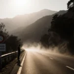 Person stands beside closed road sign with dawn light filtering through trees and mountain mist rising