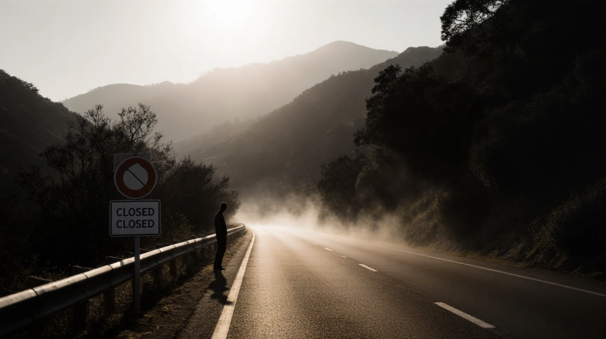Person stands beside closed road sign with dawn light filtering through trees and mountain mist rising
