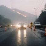 Driver navigating work zone with cones and detour signs under morning fog near Palisades Fire scar.