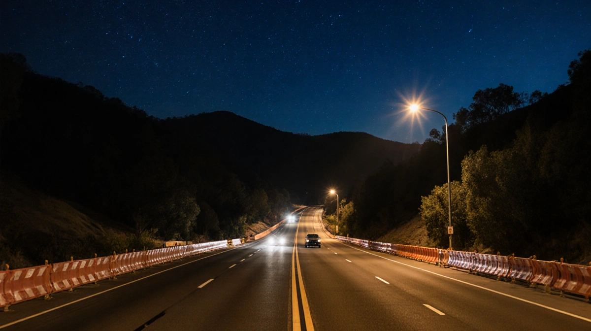 Cars drive along reopened Topanga Canyon Boulevard with streetlights illuminating the road and canyon hills rising under star