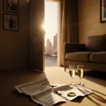 Torn marriage certificate lies on hotel carpet with champagne glasses and broken wedding ring showing Las Vegas skyline