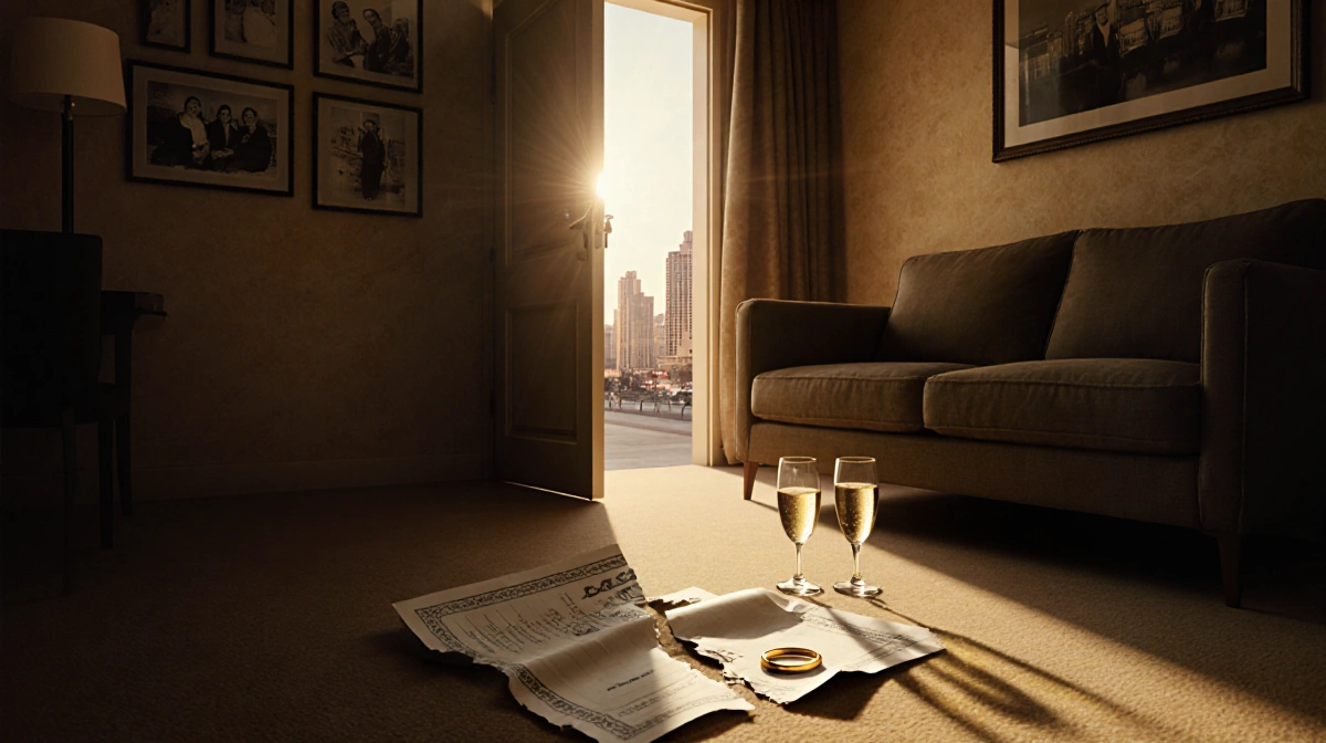 Torn marriage certificate lies on hotel carpet with champagne glasses and broken wedding ring showing Las Vegas skyline