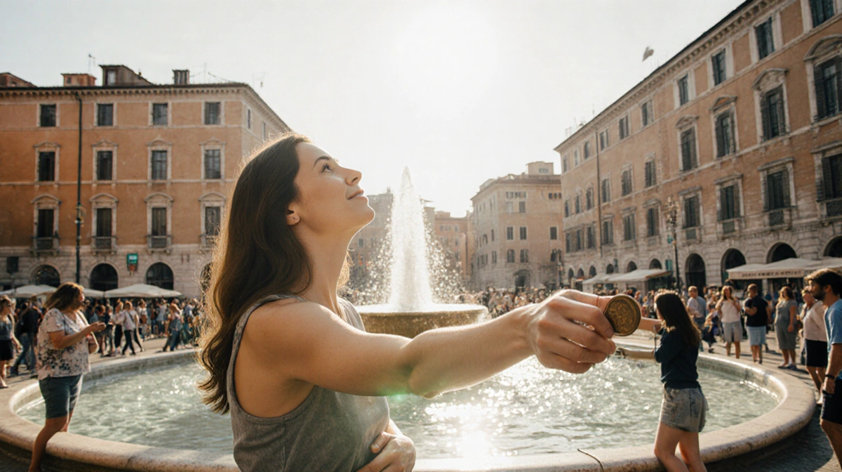 Woman holding a coin with sunlit face looking up at the sun and fountain in background where tourists stroll and toss coins