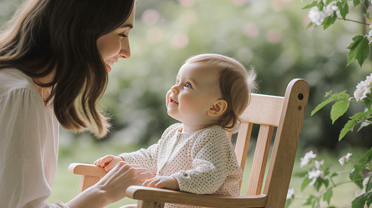 Baby Tove rocking gently in a wooden chair with Lily smiling above her, showing mother-child bond amid soft pastel greenery