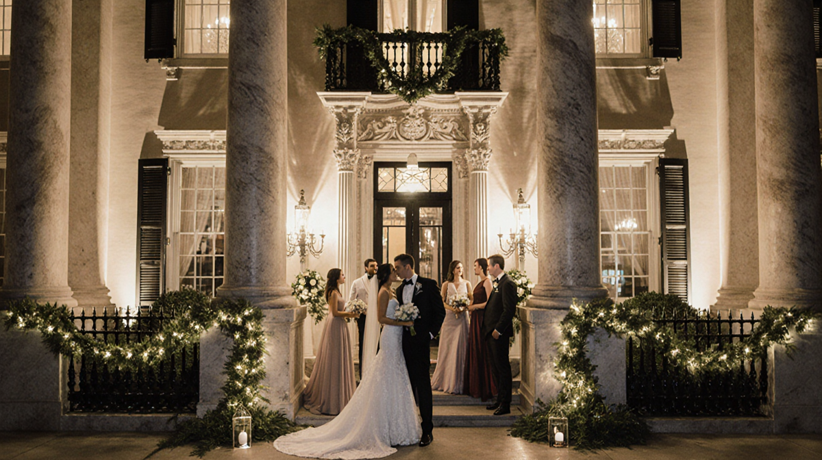 Guests gather near the grand neoclassical townhouse entrance with carved columns lush greenery and warm lighting