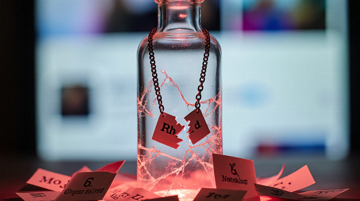 Broken friendship necklace hangs from shattered glass bottle with scattered notes and red glow against blurred social media b