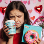 Heartbroken girl holds a coffee cup and cradles a Dunkin
