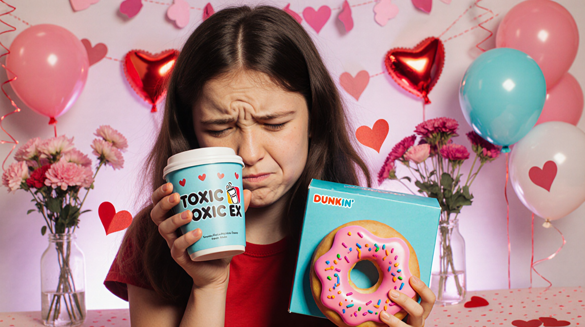 Heartbroken girl holds a coffee cup and cradles a Dunkin