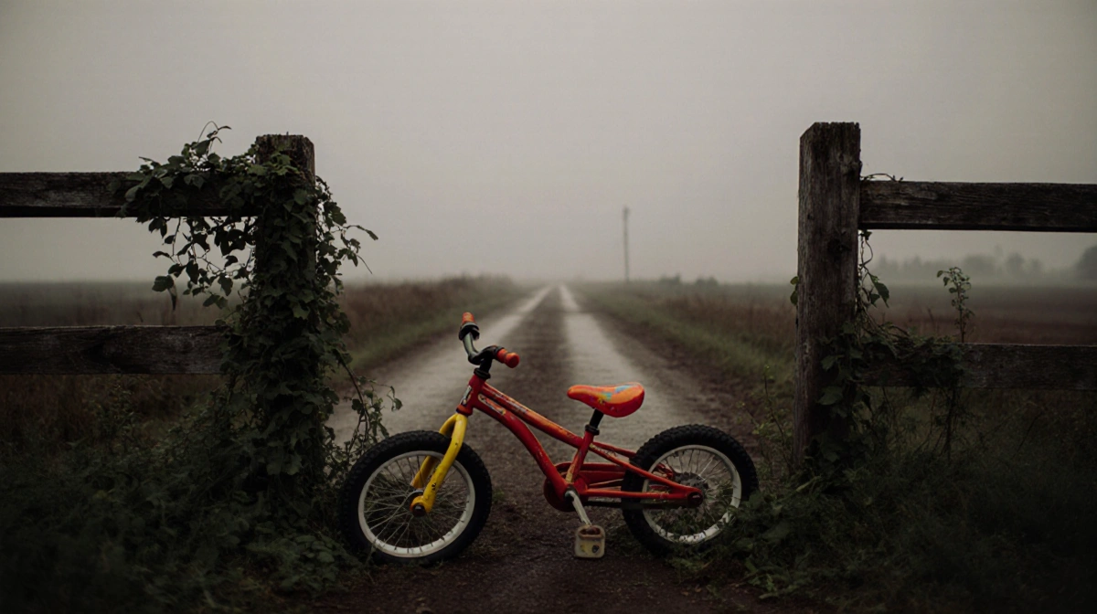 Toy bicycle leaning against wooden fence with vines and misty road behind