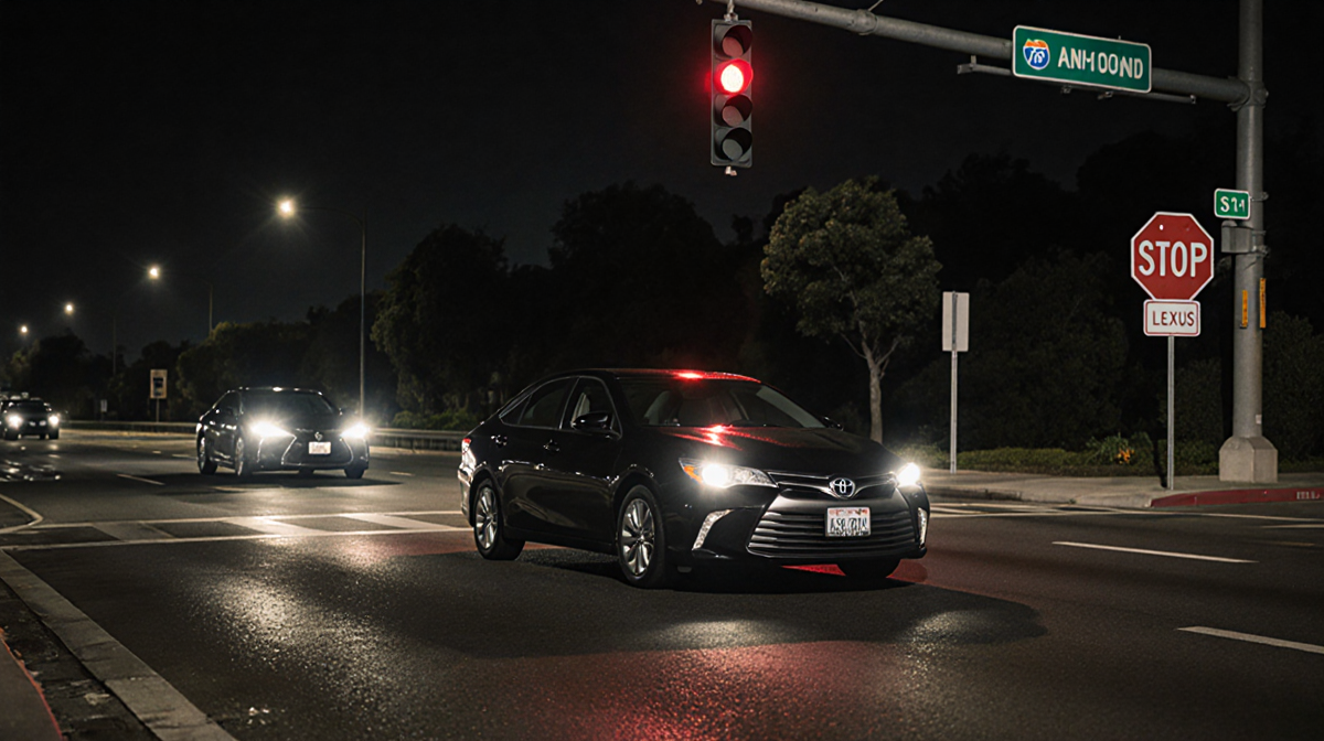 Toyota driving southbound with a dark Lexus illuminating it under a red stop signal near a night intersection