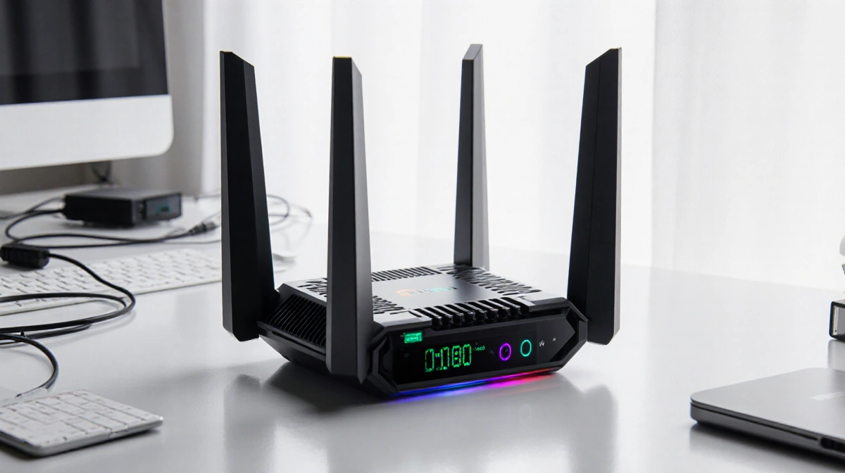 TP-Link Archer AX21 router sits on desk with LED lights glowing and cables neatly arranged