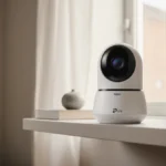 TP-Link Tapo C210 security camera sits on shelf with natural light streaming through window and neutral living room walls beh
