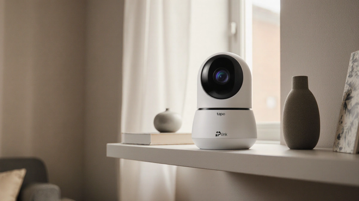 TP-Link Tapo C210 security camera sits on shelf with natural light streaming through window and neutral living room walls beh