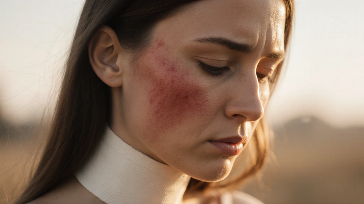 Tracy Tutor looks down with bandaged neck and bruised skin showing discomfort in soft light