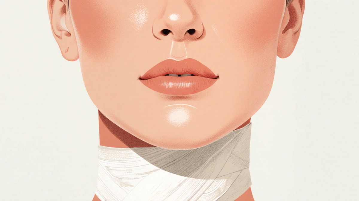 Woman's flawless face glows with smooth skin while neck bandage hints at hidden cosmetic procedure