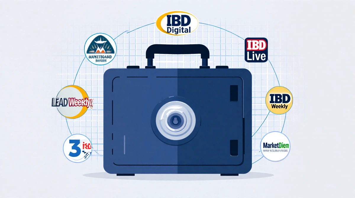 Locked briefcase with corporate logo protects trademarked names arranged in circle with subtle grid pattern