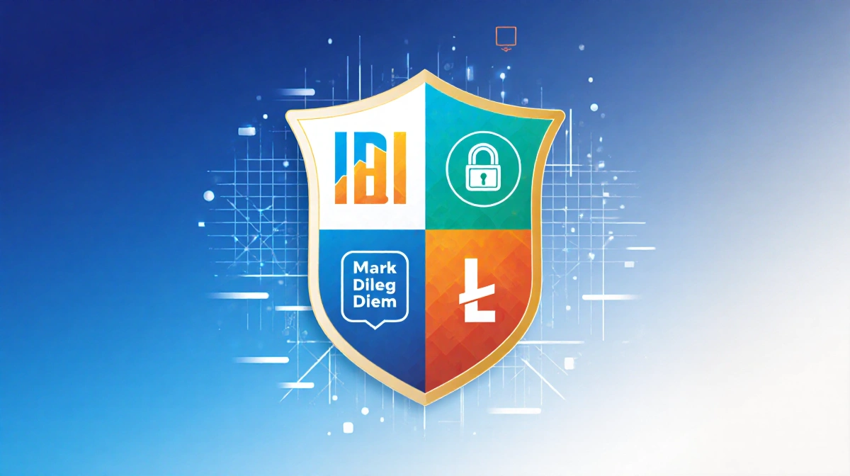 Shield crest displays IBD MarketDiem and Leaderboard icons with colorful sections and subtle copyright lock symbols in backgr
