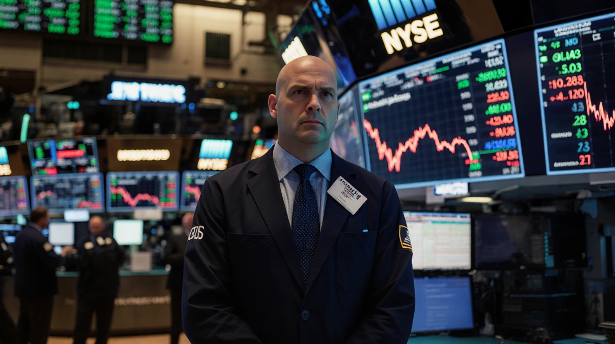 Trader watching crashing Dow Jones numbers with glowing screens showing market data